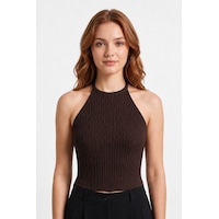 Cottonhıll Premium - Tide Collection Kahverengi Halter Yaka Boyundan Bağlamalı Bürümcük Dokulu Kadın Crop Bluz Cottonhıll Premium - Tide Collection Kahverengi Halter Yaka Boyundan Bağlamalı Bürümcük Dokulu Kadın Crop Bluz