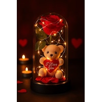 Led Işıklı Mika Fanus İçinde Gül Ve Lüx Peluş Ayıcık 20 Cm Sevgiliye Hediye Kırmızı