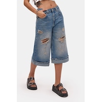 it's basic Kadın Kot Rengi 10s6-84 Yırtık Detaylı Maxi Bermuda Şort it's basic Kadın Kot Rengi 10s6-84 Yırtık Detaylı Maxi Bermuda Şort
