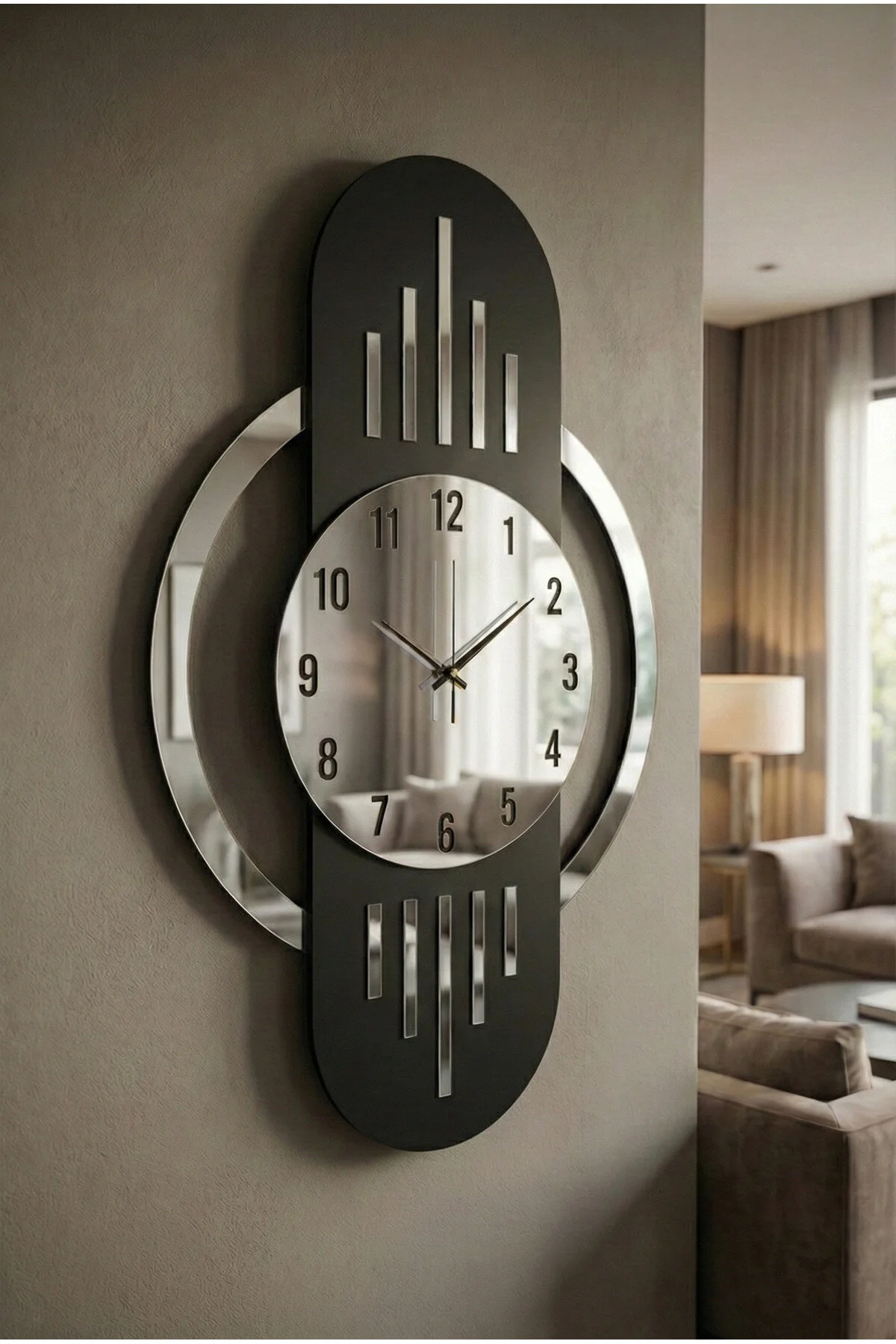 Siyah Renk Aynalı Sayılı Hediyelik Ahşap Dekoratif Sessiz Büyük Boy Tablo Duvar Saati 70cm Siyah Gümüş Siyah Renk Aynalı Sayılı Hediyelik Ahşap Dekoratif Sessiz Büyük Boy Tablo Duvar Saati 70cm Siyah Gümüş