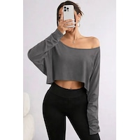 Kadın Düşük Omuz Kayık Yaka Oversize Uzun Kollu Crop T-shirt Antrasit