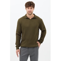 Erkek Haki Slim Fit Uzun Kollu Polo Yaka Triko Kazak Haki Erkek Haki Slim Fit Uzun Kollu Polo Yaka Triko Kazak Haki