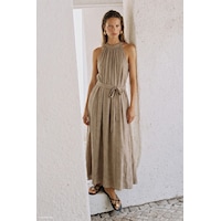 Sateen Kuşaklı Elbise - Camel-137744 Sateen Kuşaklı Elbise - Camel-137744