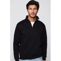 Tudors Unisex Relax Fit Rahat Kesim Pamuklu İçi Polarlı Yarım Fermuarlı Siyah Dik Yaka Sweatshirt-29035 Tudors Unisex Relax Fit Rahat Kesim Pamuklu İçi Polarlı Yarım Fermuarlı Siyah Dik Yaka Sweatshirt-29035