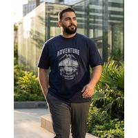 Büyük Beden Bisiklet Yaka Baskılı Erkek Tshirt Lacivert