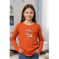 Yuvarlak Yaka Renkli Çiçek Baskılı Kız Çocuk Sweatshirt Turuncu