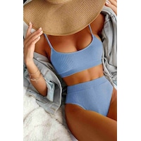 Angelsin Yüksek Bel Özel Kumaş Tankini Bikini Takım Mavi 001 Angelsin Yüksek Bel Özel Kumaş Tankini Bikini Takım Mavi 001