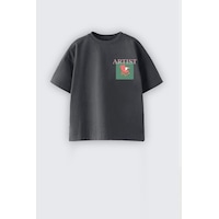 Monila Unisex Pamuklu Bisiklet Yaka Baskılı T-shirt Füme Monila Unisex Pamuklu Bisiklet Yaka Baskılı T-shirt Füme