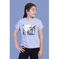 Toontoy Kids Toontoy Kız Çocuk Dijital Baskılı Tişört Gri Melanj