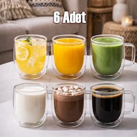 Porsima Pbt-323 Çift Cidarlı 6lı Cam Kupa Çay Kahve Kupası Isı Yalıtımlı Kulplu Cam Bardak Seti 250 Ml Cam - Şeffaf