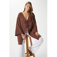 Ritnice Kadın Sandra %100 Pamuk Müslin Bağcıklı Kahvrengi Kimono Ritnice Kadın Sandra %100 Pamuk Müslin Bağcıklı Kahvrengi Kimono
