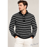 Erkek Çizgili Polo Yaka Triko Kazak Slim Fit Uzun Kollu Pamuk Akrilik Karışımlı Siyah Erkek Çizgili Polo Yaka Triko Kazak Slim Fit Uzun Kollu Pamuk Akrilik Karışımlı Siyah
