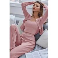 Bella Notte Viskon Pudra 3 Lü Trend Crop Rahat Pijama Takımı 7014