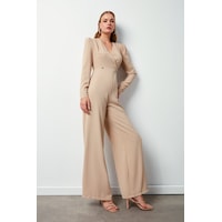Sateen Kruvaze Süs Taşlı Krep Tulum - Bej Sateen Kruvaze Süs Taşlı Krep Tulum - Bej