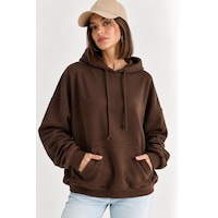 Mevese Taş İşlemeli Kanat Detaylı Kapüşonlu Rahat Kesim Kanguru Cepli Kadın Sweatshirt - Acı Kahve Acı Kahverengi Mevese Taş İşlemeli Kanat Detaylı Kapüşonlu Rahat Kesim Kanguru Cepli Kadın Sweatshirt - Acı Kahve Acı Kahverengi