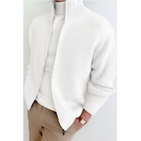 Tarz Cool Erkek Beyaz Dik Yaka Fermuarlı Slim Fit Triko Hırka Beyaz Tarz Cool Erkek Beyaz Dik Yaka Fermuarlı Slim Fit Triko Hırka Beyaz