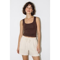 Kadın %100 Pamuk Beli Lastikli Cep Detaylı Müslin Bermuda Şort Yp5525 60286315 - Krem Kadın %100 Pamuk Beli Lastikli Cep Detaylı Müslin Bermuda Şort Yp5525 60286315 - Krem
