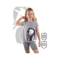 Çizgili Unicorn Kız Çocuk Gri Siyah Yazlık T-shirt Tayt Takım
