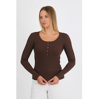 Hdm Kadın Kahverengi Uzun Kollu Fitilli Patlı Çıtçıtlı Basic Örme Bluz - H6172 Hdm Kadın Kahverengi Uzun Kollu Fitilli Patlı Çıtçıtlı Basic Örme Bluz - H6172