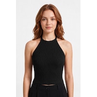 Cottonhıll Premium - Tide Collection Siyah Halter Yaka Boyundan Bağlamalı Bürümcük Dokulu Kadın Crop Bluz Cottonhıll Premium - Tide Collection Siyah Halter Yaka Boyundan Bağlamalı Bürümcük Dokulu Kadın Crop Bluz