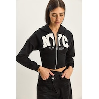 Shade Kadın Nyc Nakışlı Üç İplik Şardonlu Kapüşonlu Crop Hırka 6942 60283794 - Siyah Shade Kadın Nyc Nakışlı Üç İplik Şardonlu Kapüşonlu Crop Hırka 6942 60283794 - Siyah