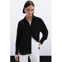 Sateen Kendinden Çizgi Desenli Gömlek - Siyah-136020 Siyah Sateen Kendinden Çizgi Desenli Gömlek - Siyah-136020 Siyah