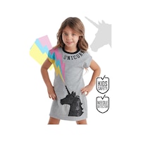Gri Unicorn Payet İşlemeli Kız Çocuk Yazlık Elbise