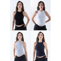 Mmetalic Fitilli Regular Fit Normal Kalıp Siyah-beyaz-gri-lacivert Bisiklet Yaka Sıfır Kol Pamuklu 4'lü Kadın Atlet Çok Renkli