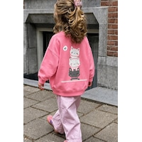 Monila Unisex Çocuk 3 İplik Kumaş Pamuklu Sırtı Kedi Baskılı Sweatshirt Pembe