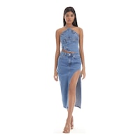 it's basic Kadın Mavi Kot Rengi Rosa Yandan Derin Yırtmaç Detaylı Uzun Denim Etek it's basic Kadın Mavi Kot Rengi Rosa Yandan Derin Yırtmaç Detaylı Uzun Denim Etek