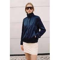 Sateen Saten Bomber Ceket - Lacivert-137934 Sateen Saten Bomber Ceket - Lacivert-137934
