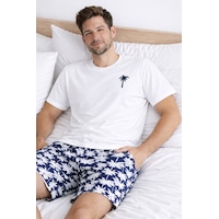 Erkek Pamuklu Kısa Kollu Palmiye Desenli Cepli Şortlu Pijama Takımı Ke77626 Lacivert - Beyaz Erkek Pamuklu Kısa Kollu Palmiye Desenli Cepli Şortlu Pijama Takımı Ke77626 Lacivert - Beyaz