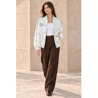 Polo State Kadın P Nakışlı Kontrast Kollu Oversize Kolej Bomber Ceket - Mint Polo State Kadın P Nakışlı Kontrast Kollu Oversize Kolej Bomber Ceket - Mint