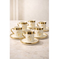 6 Kişilik Lüks Beyaz Gold Yaldızlı İnci Lotus Kahve Fincan Takımı Seti 100ml Altın - Beyaz