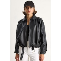 Shade Kadın Oversize Tokalı Deri Ceket 3137 60284058 - Siyah Shade Kadın Oversize Tokalı Deri Ceket 3137 60284058 - Siyah