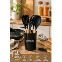 Porsima 3165 Standlı Bambu Silikon 11 Parça Servis Takımı Seti Siyah Porsima 3165 Standlı Bambu Silikon 11 Parça Servis Takımı Seti Siyah
