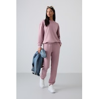 Tommy Life Gül Kurusu Basic Pamuklu O Yaka Oversize Lastik Paça Kadın Eşofman Takım - 95287 Gül Kurusu