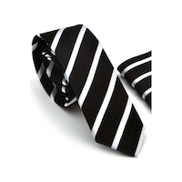 Gaffy Beyaz Verev Çizgili Siyah Dokuma Kumaş Mendilli Slim Fit Kravat Siyah Gaffy Beyaz Verev Çizgili Siyah Dokuma Kumaş Mendilli Slim Fit Kravat Siyah