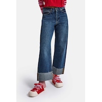 Kadın Koyu Mavi 2w6-5 Relaxed Fit Paça Detaylı Denim Jean