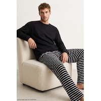 Siyah İnci Desenli Pamuklu Örme Pijama Takım 8093 Siyah Beyaz Çizgi Siyah İnci Desenli Pamuklu Örme Pijama Takım 8093 Siyah Beyaz Çizgi