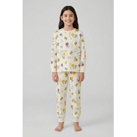 Magnifi Ove Yazılı Lale Baskılı Kız Çocuk Pijama Takımı Ekru Magnifi Ove Yazılı Lale Baskılı Kız Çocuk Pijama Takımı Ekru