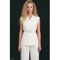 Sateen Çizgi Desenli Kemer Detaylı Yelek - Ekru-138029 Sateen Çizgi Desenli Kemer Detaylı Yelek - Ekru-138029