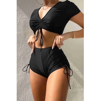 Angelsin Özel Tasarım Yarım Kol Büzgü Detaylı Bikini Takım Siyah 001 Angelsin Özel Tasarım Yarım Kol Büzgü Detaylı Bikini Takım Siyah 001