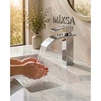Krom Kare Lavabo Bataryası - Şelale Akışlı Modern Banyo Musluğu Sabit Lavabo Çift Su Girişli Krom Kare Lavabo Bataryası - Şelale Akışlı Modern Banyo Musluğu Sabit Lavabo Çift Su Girişli