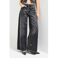 it's basic Kadın Koyu Füme 2s6-1 Baggy Fit Kuş Gözü Tasarım Denim Jean