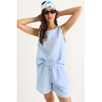 Shade Kadın Kalın Askılı Bluz Beli Lastikli Cep Dataylı Şort Müslin Takım 3310 60283414 - Bebe Mavisi Shade Kadın Kalın Askılı Bluz Beli Lastikli Cep Dataylı Şort Müslin Takım 3310 60283414 - Bebe Mavisi
