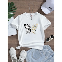 Uyguntarz Çocuk Papatya Kelebek Baskılı Unisex Pamuklu Tshirt Beyaz Uyguntarz Çocuk Papatya Kelebek Baskılı Unisex Pamuklu Tshirt Beyaz