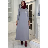 Rabia Şamlı Gözde Broşlu Triko Elbise Gri Normal Rabia Şamlı Gözde Broşlu Triko Elbise Gri Normal