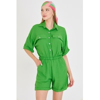 Armonika Kadın Yeşil Yarasa Kol Cepli Beli Lastikli Şortlu Tulum Arm-23y001075