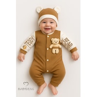 Babyden's Teddy Bear Temalı Yenidoğan Fitilli Tulum Takımı Ayıcıklı Erkek Bebek Tulum Şapka Set %100pamuk Kahverengi
